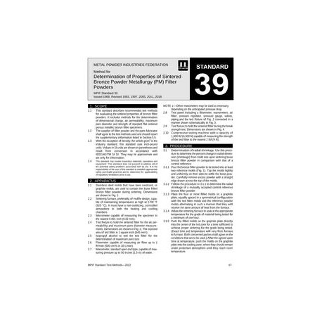 Standard Test Method 39: Method for Determination of Properties of Sintered Bronze PM Filter Powders